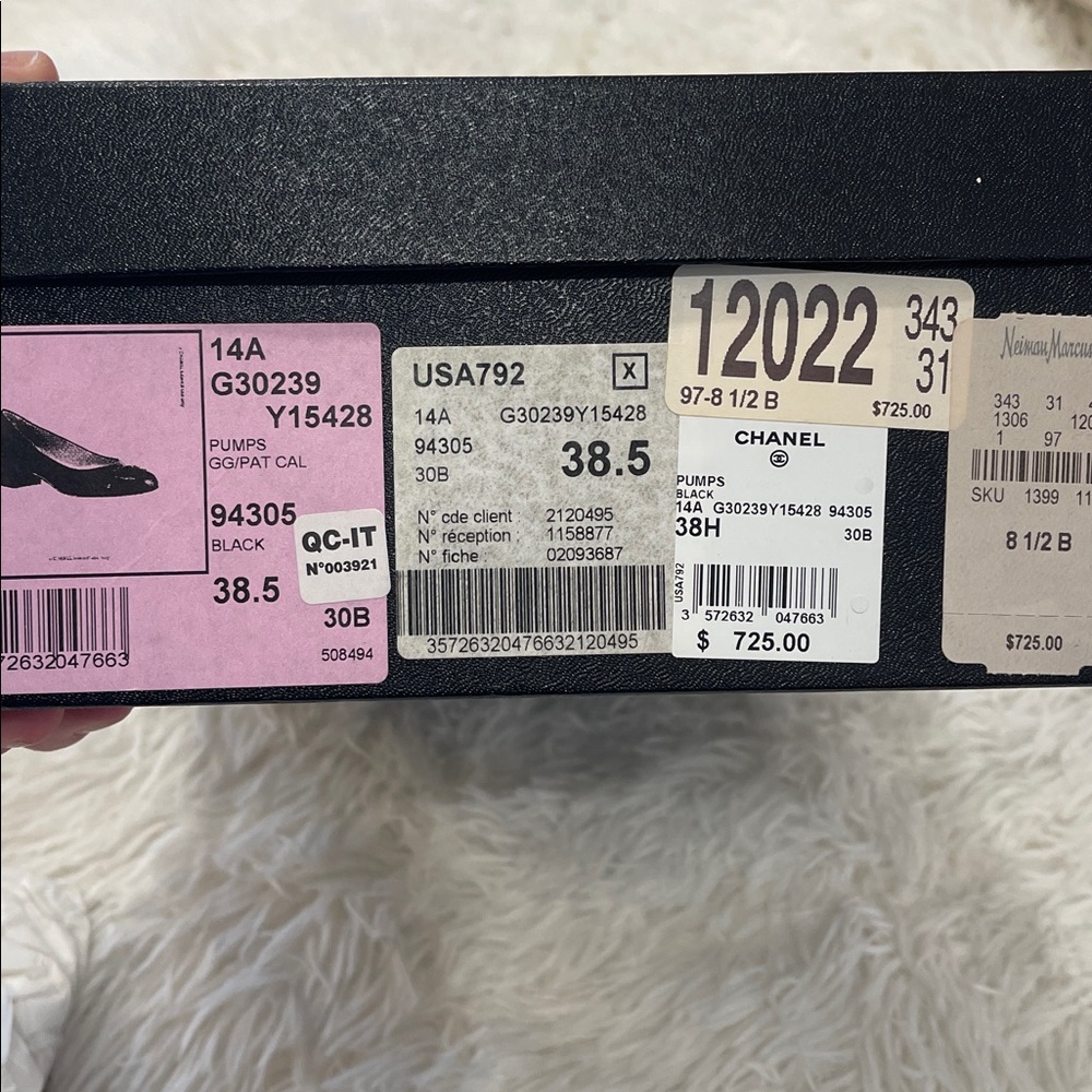 Authentic Chanel black fabric shoe with 1.5” heel. Patent toe with CC logo. $725 - Picture 6 of 6